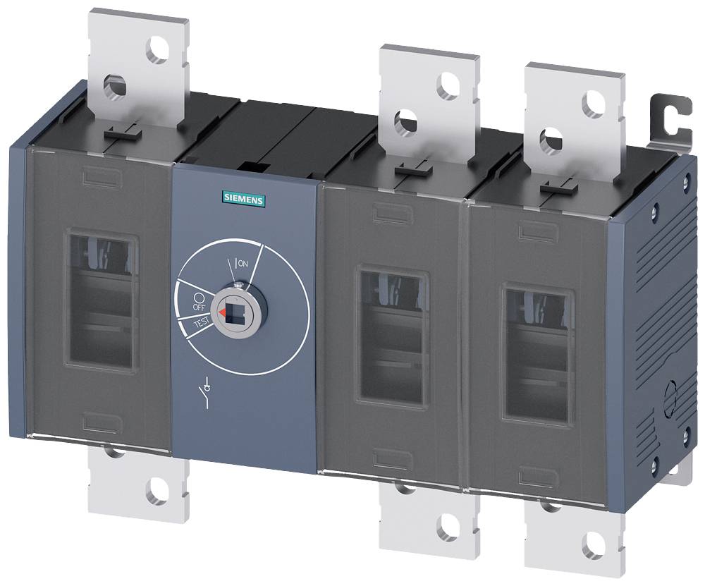 Elektrischer Leistungsschalter von Siemens mit vier Anschlusspunkten, Drehschalter in der Mitte und metallischen Kontakten.
