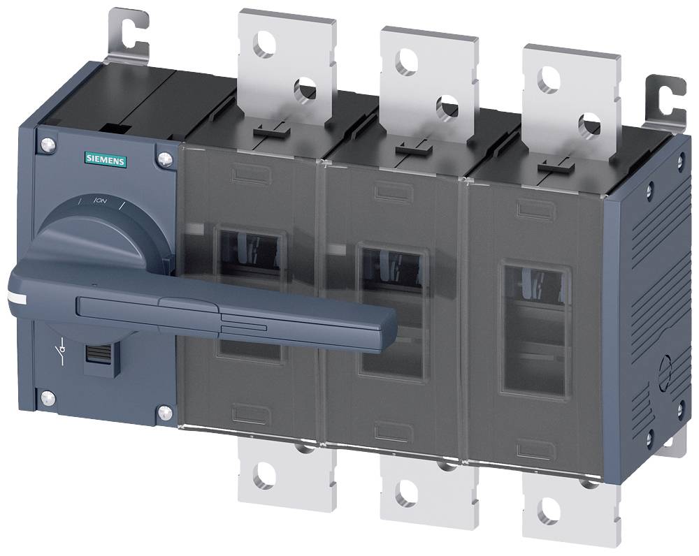 Ein elektrischer Leistungsschalter mit vier Polen und einem großen Hebelgriff. Markierung 'Siemens'. Verwendet zur Stromversorgung.