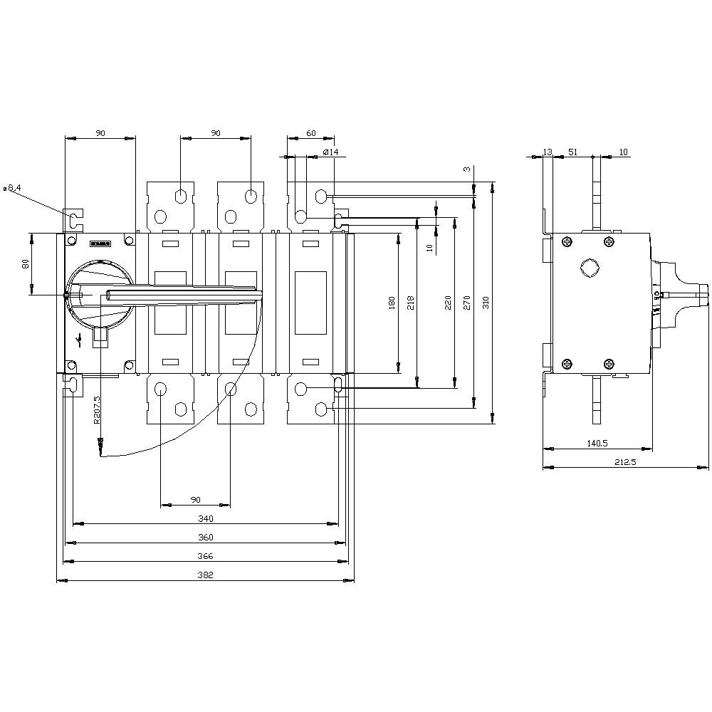 Technische Zeichnung eines mechanischen Schlosses mit detaillierten Abmessungen. Zeigt verschiedene Ansichten und Maße des Schlosses.