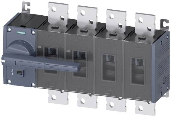 Schalter mit vier Polen, industrielle Anwendung, graues Gehäuse, markiert mit 'Siemens'.