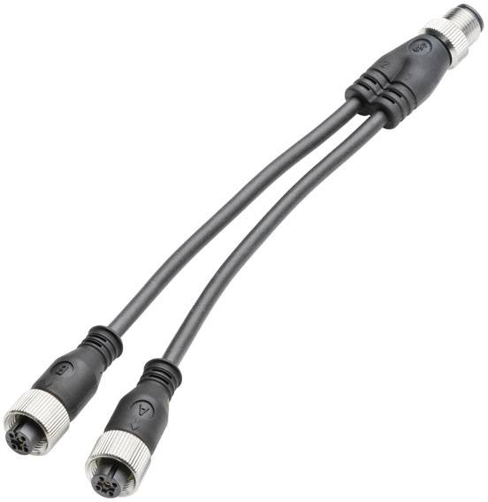 Ein Y-Kabel mit einem männlichen und zwei weiblichen Steckverbindern, verwendet für die elektrische Signalverteilung.