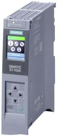 Industrieller Controller 'SIMATIC S7-1500' von Siemens, zeigt ein Display mit Icons und Text 'Overview'.