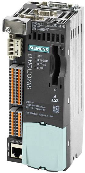 Industrie-Automatisierungsgerät von Siemens, Modell 'Simotion D'. Graues, rechteckiges Design mit verschiedenen Anschlüssen und orangefarbenen Steckplätzen.
