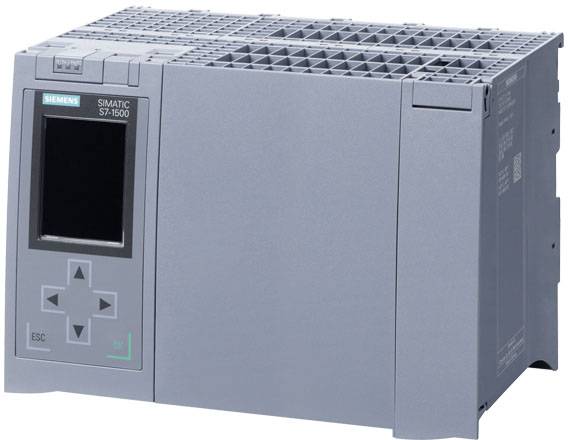 Ein Siemens SIMATIC S7-1500 Automatisierungssystem, graues Gehäuse, mit Display und Navigationstasten, für industrielle Steuerung.
