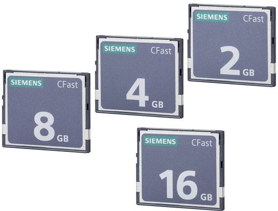 Vier Siemens CFast-Speicherkarten mit Kapazitäten von 2 GB, 4 GB, 8 GB und 16 GB.
