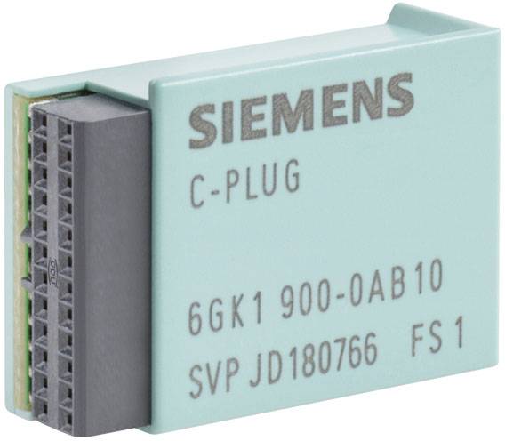 Ein türkisfarbener Siemens C-Plug mit der Aufschrift '6GK1 900-0AB10 SVP JD180766 FS 1', ein Datenmanagementspeichergerät.