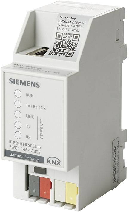 Ein weißer Siemens IP-Router Secure für KNX-Installationen mit Ethernetanschluss und Status-LEDs, betitelt 'Gamma instabus'.