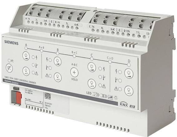 Siemens Universal-Dimmer mit verschiedenen Anschlüssen und Schaltern, geeignet für KNX-Bus-Systeme, Modellbezeichnung SWG5 550-101B.