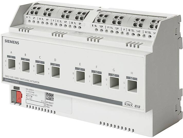 Siemens Schaltaktor für KNX-System, Modell 5WG1 S 16-10E03. Weißes rechteckiges Gerät mit mehreren Schaltstellen und Anschlüssen.