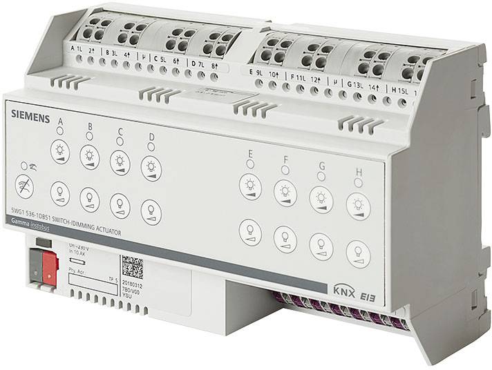 'Siemens Switch/Dimming Actuator', Gerät mit mehreren Anschlüssen und Tasten zur Steuerung von Beleuchtungssystemen, KNX-kompatibel.