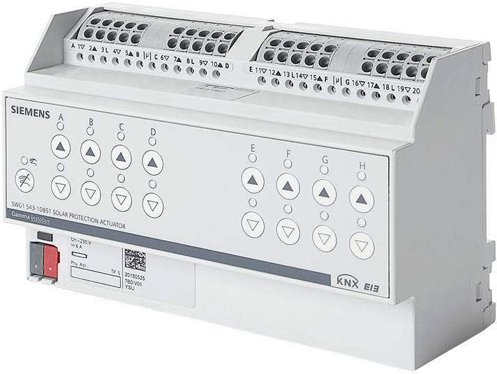 KNX Sonnenschutz-Aktor von Siemens, Modellbezeichnung '5WG1 540-1DB51'. Steuergerät mit Anschlüssen und Bedienfeld für Gebäudeautomation.
