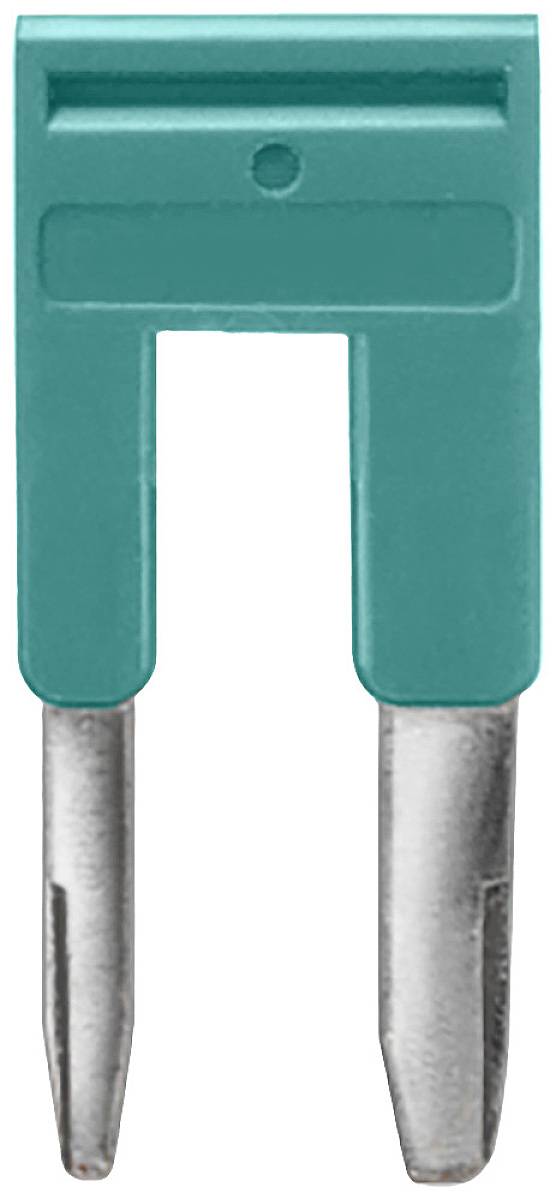 Ein grüner Flachsicherungsstecker mit zwei Metallpins, verwendet in elektrischen Schaltungen zum Schutz vor Überstrom.