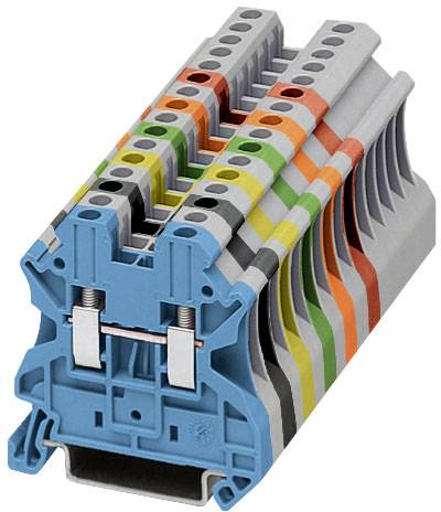 Eine mehrfarbige elektrische Schraubklemme, bestehend aus mehreren verbundenen Blöcken in Grau, Blau, Orange, Gelb und Grün. Sie dient zur sicheren Verbindung von Drähten.