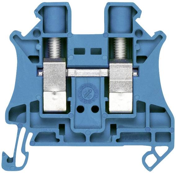 Blaue elektrische Klemme mit zwei Schraubenmechanismen. Verwendet zur Sicherung und Verbindung von elektrischen Leitungen.