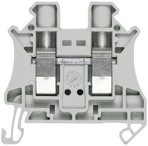 Grau-grauer elektrischer Reihenklemmenblock, in Querschnittsansicht, mit Schraubmechanismus für Kabelverbindungen.