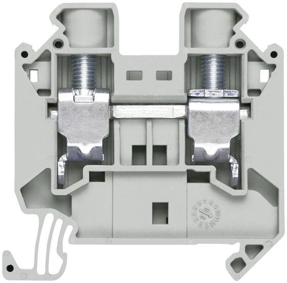 Ein graues, rechteckiges elektrisches Anschlussklemmengehäuse aus Kunststoff mit zwei metallischen Schraubklemmen.