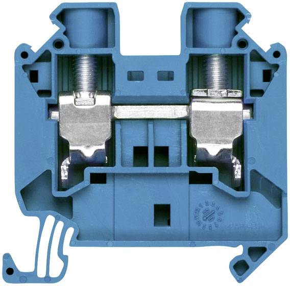 Ein blauer elektrischer Klemmblock, der für den Anschluss von Drähten in elektrischen Schaltungen verwendet wird.