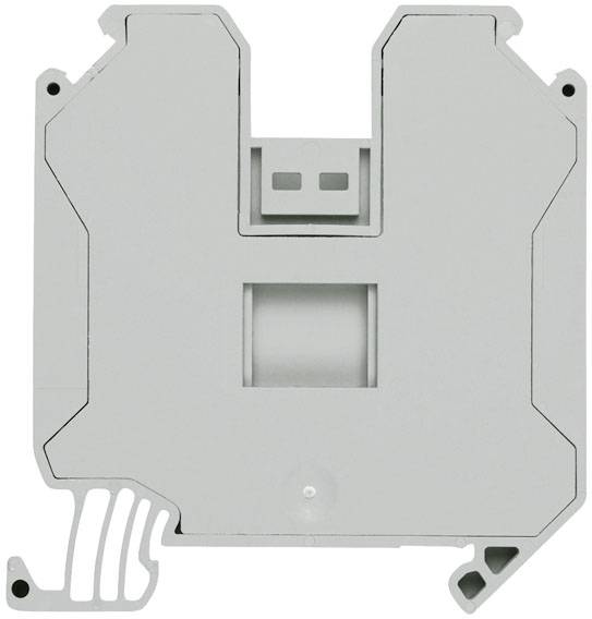 Ein grauer Installationsklemmenblock aus Kunststoff mit mehreren Anschlussstellen, typisches Element in elektrischen Verteilerschränken.