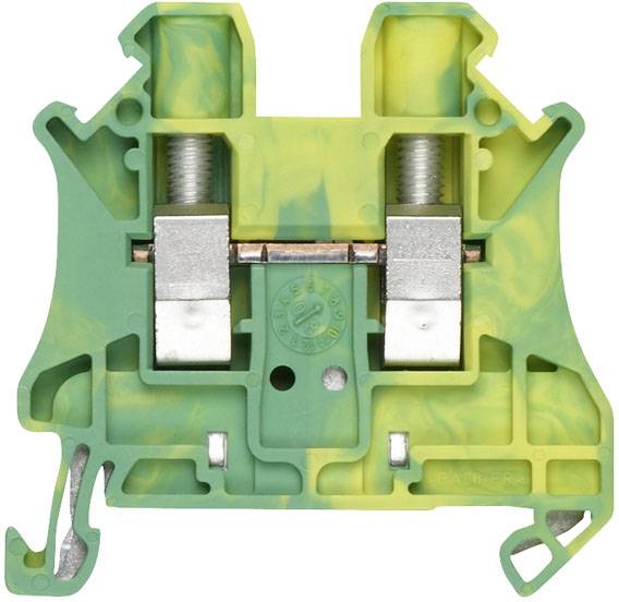 Grün-gelbe elektrische Klemme mit zwei Schrauben und metallischer Verbindung in der Mitte, verwendet zur Kabelbefestigung.