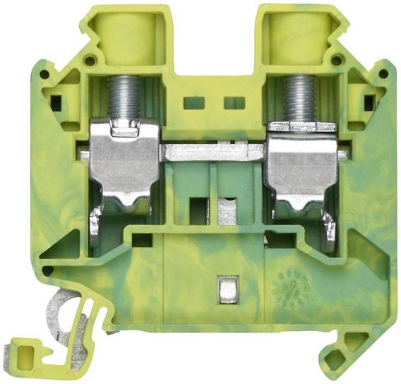 Elektrische Reihenklemme in gelb-grüner Farbe, zeigt interne Metallklemmen und Gehäusestruktur, dient zur Kabelverbindung.