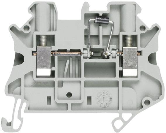 Grauer elektrischer Klemmenblock mit Schraubmechanismus und Metallklammern, zum Verbinden von elektrischen Leitungen genutzt.
