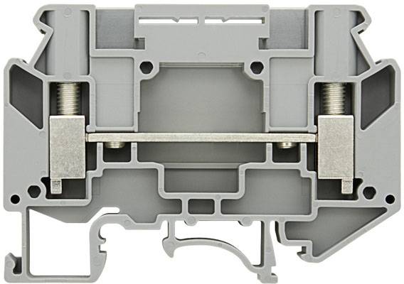 Graues elektrisches Klemmenblockgehäuse mit Metallverbindungselementen, zeigt Innenstruktur und Platzierung der Kontakte.