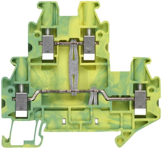 Klemmenblock mit gelb-grüner Isolierung und metallischen Anschlüssen. Eignet sich für elektrische Verdrahtung und Erdung.