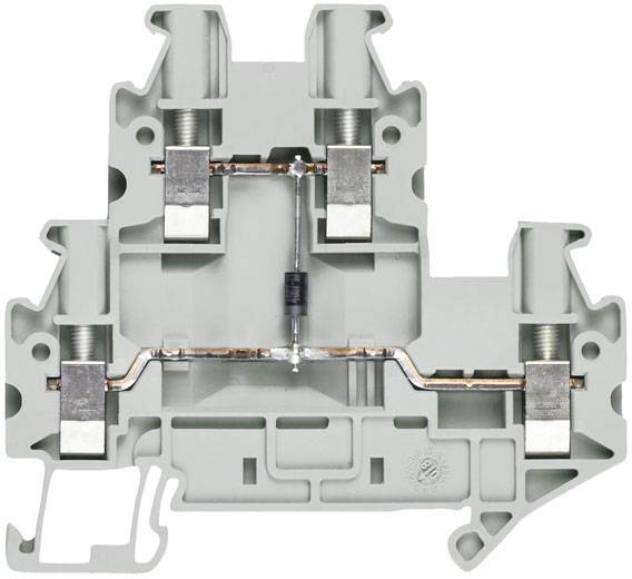 Grauer elektrischer Sicherungsblock, beleuchtet von vorn. Das Bauteil zeigt eine zentrale Brücke mit Metallkontakten und Schraubanschlüssen.
