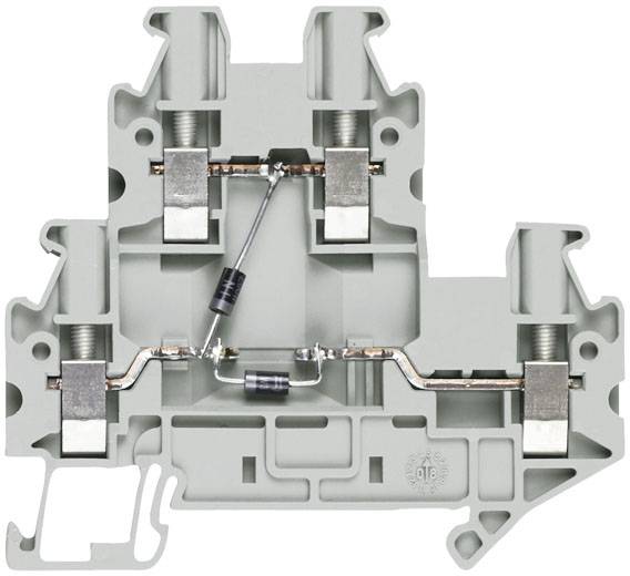 Elektrische Klemme mit eingebauter Diode, zeigt interne Metallverbindungen und Kontaktpunkte für effiziente Leitung.