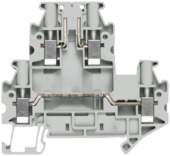 Abbildung eines grauen, modularen Reihenklemmensystems mit Metallbauteilen für elektrische Verbindungen und Installationen.