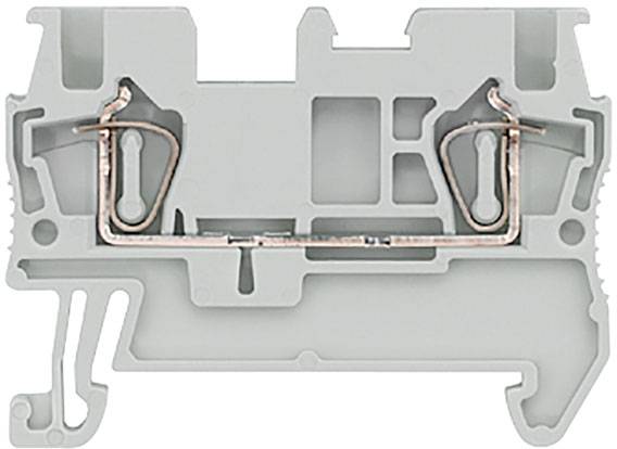 Graue Klemmenleiste mit integrierter Metallfeder zur sicheren Verdrahtung in elektrischen Schaltschränken.