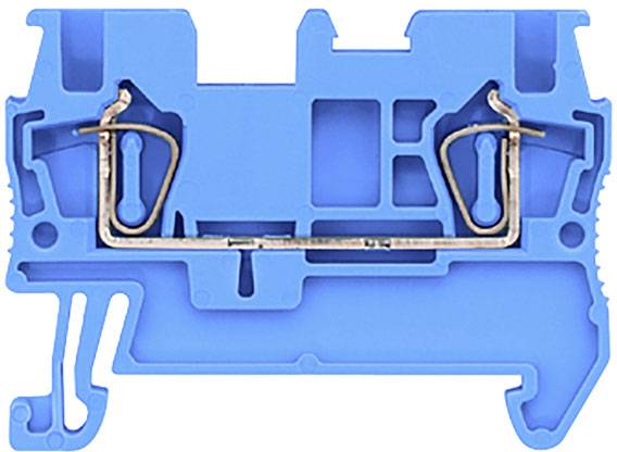 Blaue elektrische Klemme mit Metallschiene in der Mitte, verwendet zum Verbinden von Drähten in elektrischen Schaltschränken.