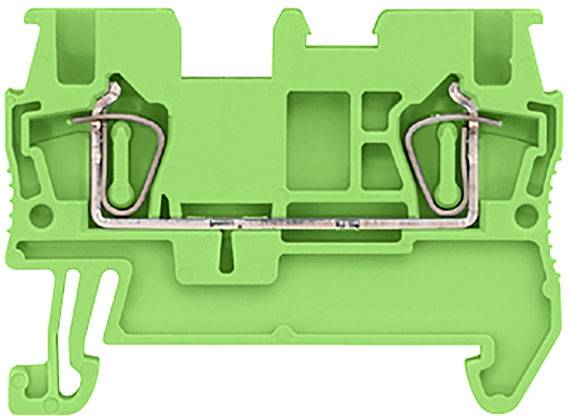 Grüner elektrischer Klemmenblock mit seitlichen Metallkontakten zur Befestigung von Drähten.