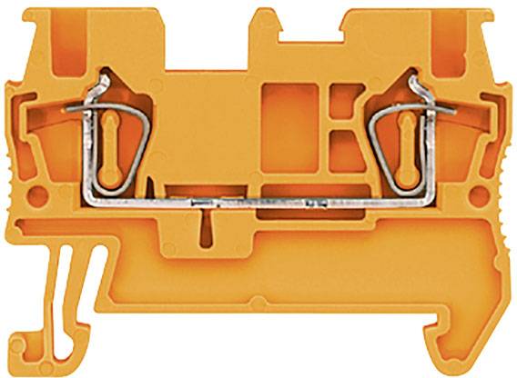 Ein orangefarbener elektrischer Reihenklemmenschalter zur Befestigung von elektrischen Leitungen auf einer Schiene.