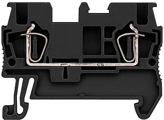 Querschnitt eines schwarzen Kunststoffblocks mit metallischen Klemmen und Aussparungen, vermutlich ein elektrisches Bauteil.