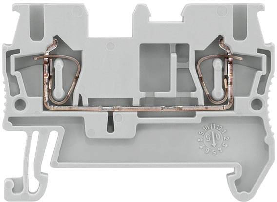 Ein graues Kunststoffgehäuse mit eingebauter Kupferverkabelung, zeigt eine elektrisch leitende Verbindung innerhalb der Klemme.