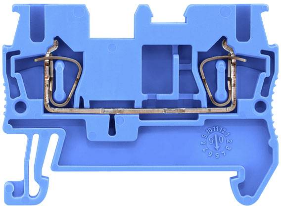 Blauer elektrischer Klemmenblock mit Metallverbindungen, verwendet zur sicheren Befestigung und Verbindung von elektrischen Kabeln.