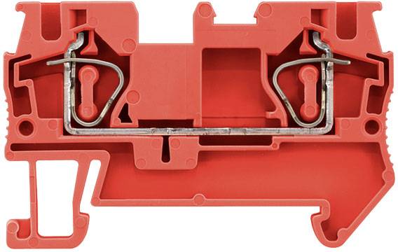 Ein roter elektrischer Steckverbinder mit Metallkontakten, der zur Verbindung von Drähten in Schaltschränken verwendet wird.