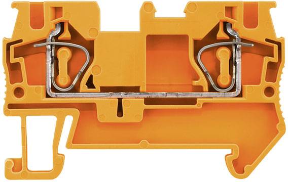 Ein orangefarbener elektrischer Anschlussblock mit Metallelementen zur Befestigung und Verbindung von Drähten in elektrischen Schaltungen.