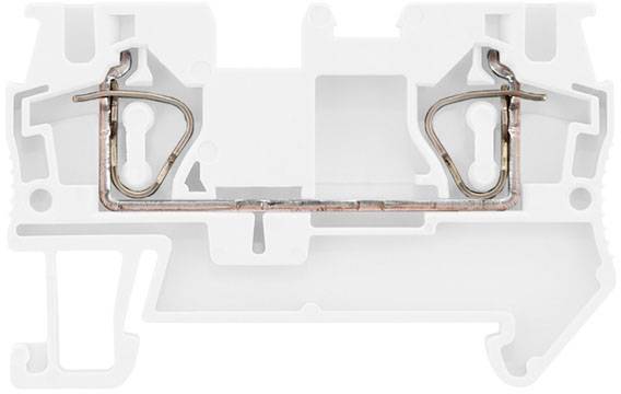 Ein Querschnitt eines elektrischen Verbindungsklemmengehäuses mit sichtbaren Metallklemmen und Anschlussstellen.