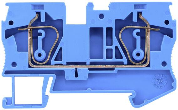 Ein blaues Kunststoffgehäuse mit Metallklemmen, vermutlich ein elektrisches Bauteil zur Verdrahtung von Schaltkreisen.