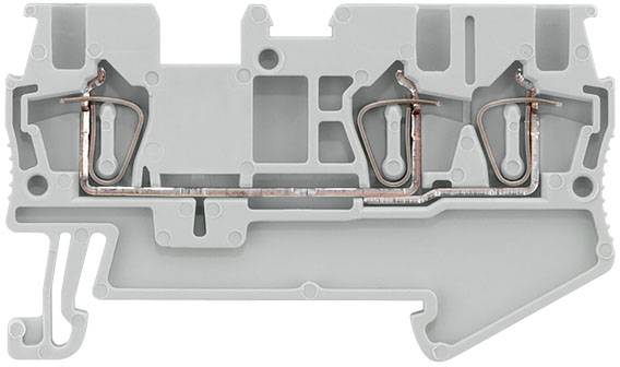 Querschnitt eines grauen elektrischen Anschlussklemmengehäuses, das den internen Metallverbindungspfad zeigt.