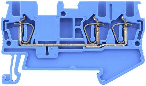 Ein blauer Stromleitungsverbinder mit sichtbaren Kupferklemmen. Verwendet zur elektrischen Verdrahtung in Schaltschränken.