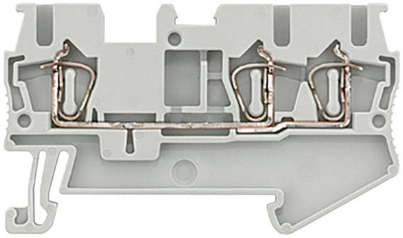 Graue elektrische Klemmenleiste mit Kupferverbindern und zwei verdrahteten Anschlüssen. Geeignet für sichere elektrische Verbindungen.