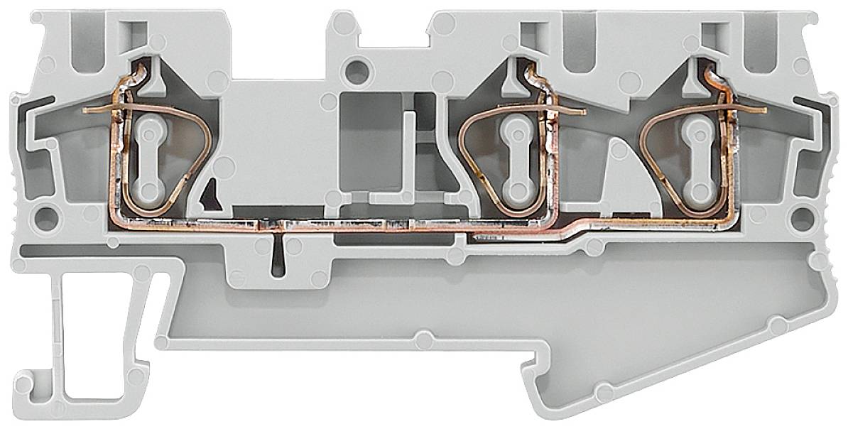 Grau-orangener elektrischer Anschlussklemmenblock mit Metallverbindungen, zeigt die interne Struktur einer elektrischen Verteilerklemme.