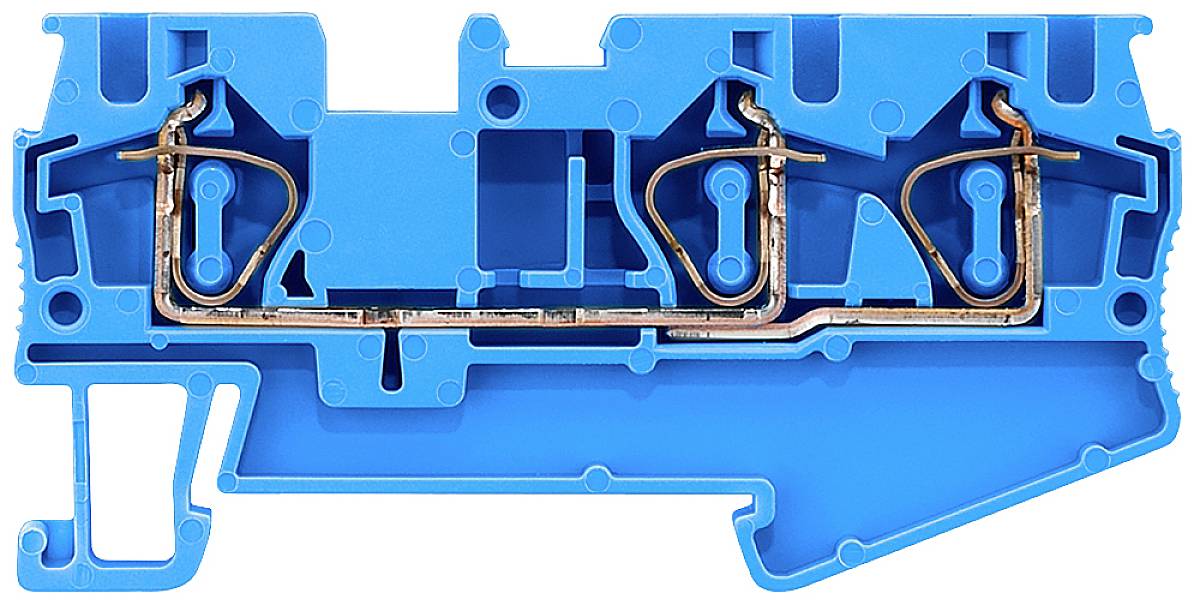 Ein blauer elektrischer Klemmblock mit mehreren Anschlüssen und Leitungen zur Verbindung von Kabeln in einem Schaltschrank.