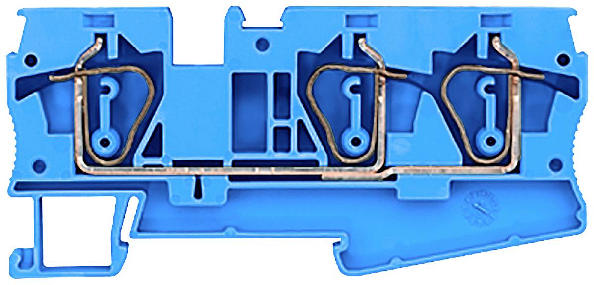 Ein blauer elektrischer Klemmenblock mit zwei metallischen Verbindungen, die für elektrische Schaltkreise verwendet werden.