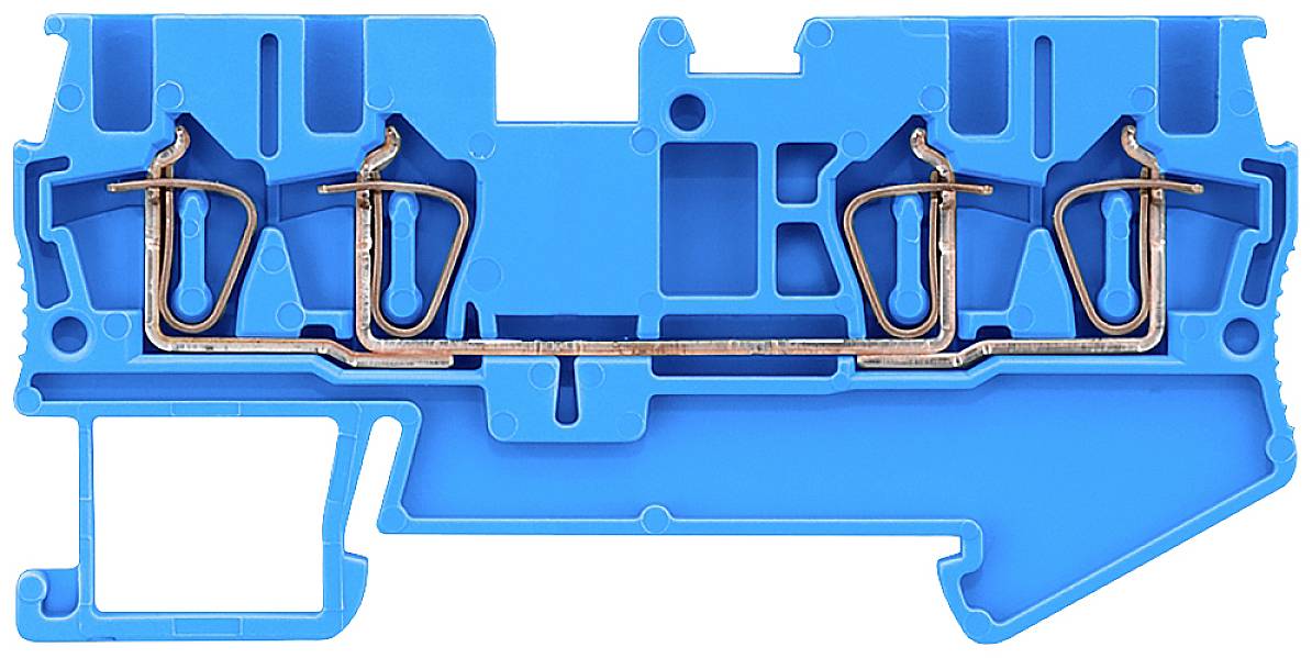 Querschnitt eines blauen elektrischen Anschlussblocks mit Kupferklemmen, die die internen Verbindungen zeigen.