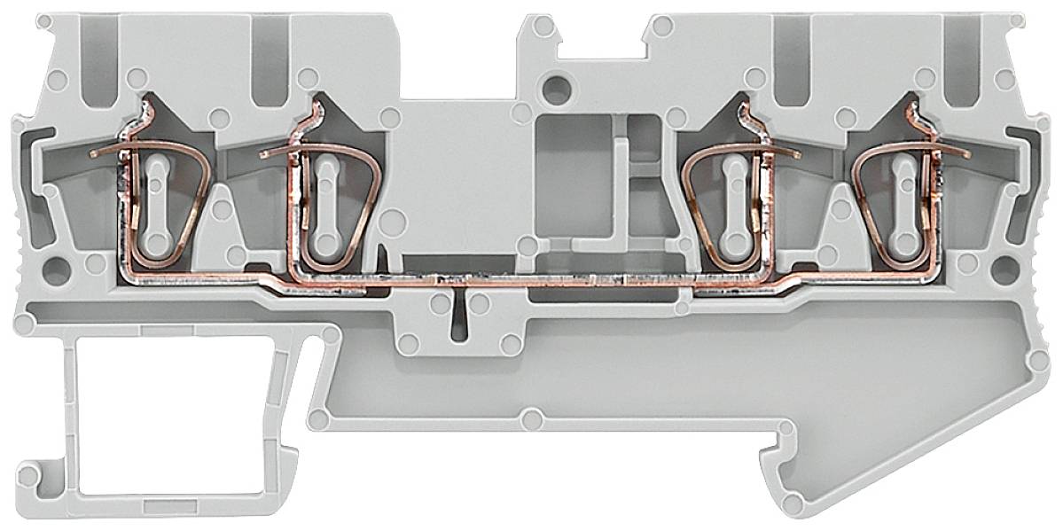Eine graue Klemmenleiste mit Kupferleiterbahnen für elektrische Verbindungen. Geeignet für Industrie- oder Haushaltsanwendungen.