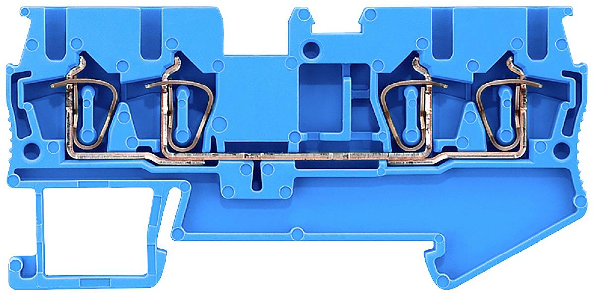 Blauer elektrischer Klemmenblock aus Kunststoff mit Kupferleitungen.